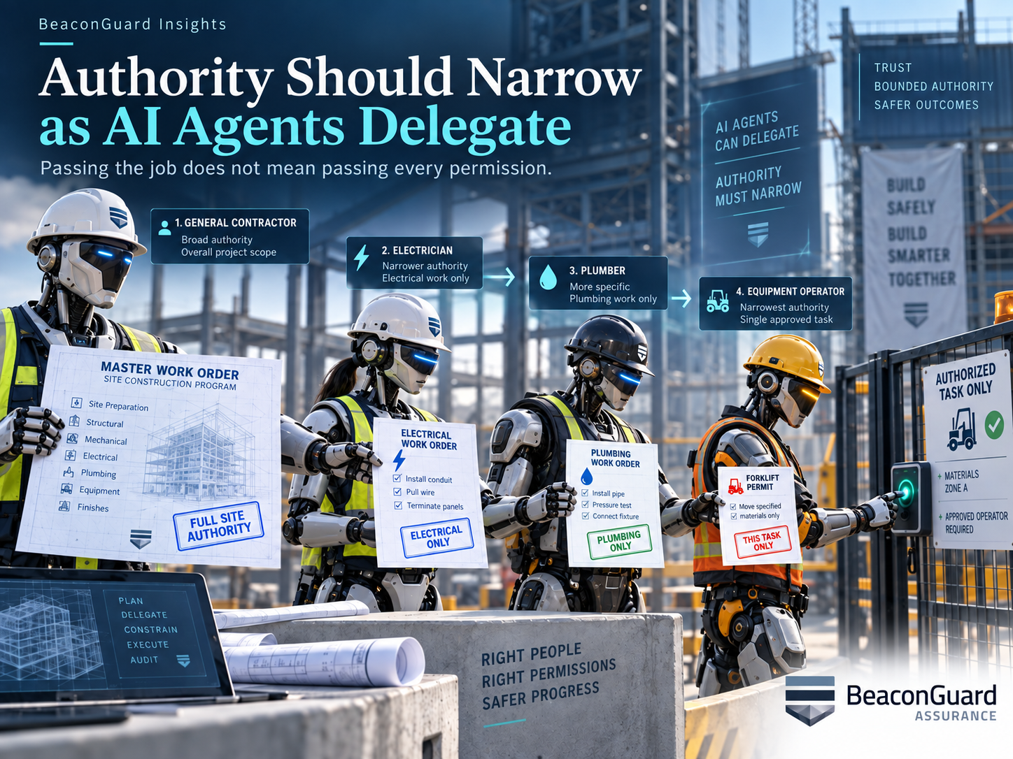 Construction-site metaphor for multi-agent privilege attenuation: authority narrows from general contractor through specialized trades to a single approved task.