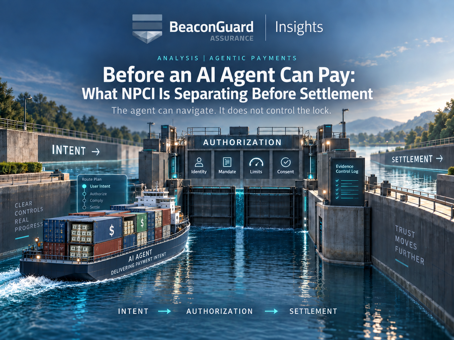 Modern Authorization Lock canal metaphor: AI agent vessel delivering payment intent approaches an independent AUTHORIZATION gate checking Identity, Mandate, Limits, and Consent; Evidence Control Log and SETTLEMENT beyond; BeaconGuard Insights branding; no NPCI or UPI logos.